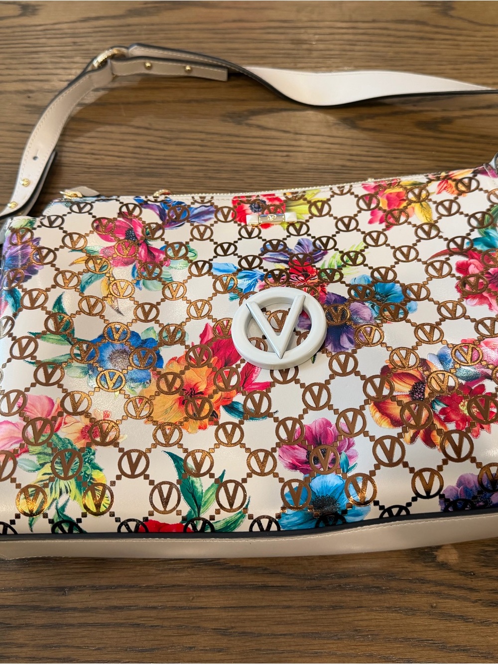 Valentino Floral Logo Shoulder Bag in Cream